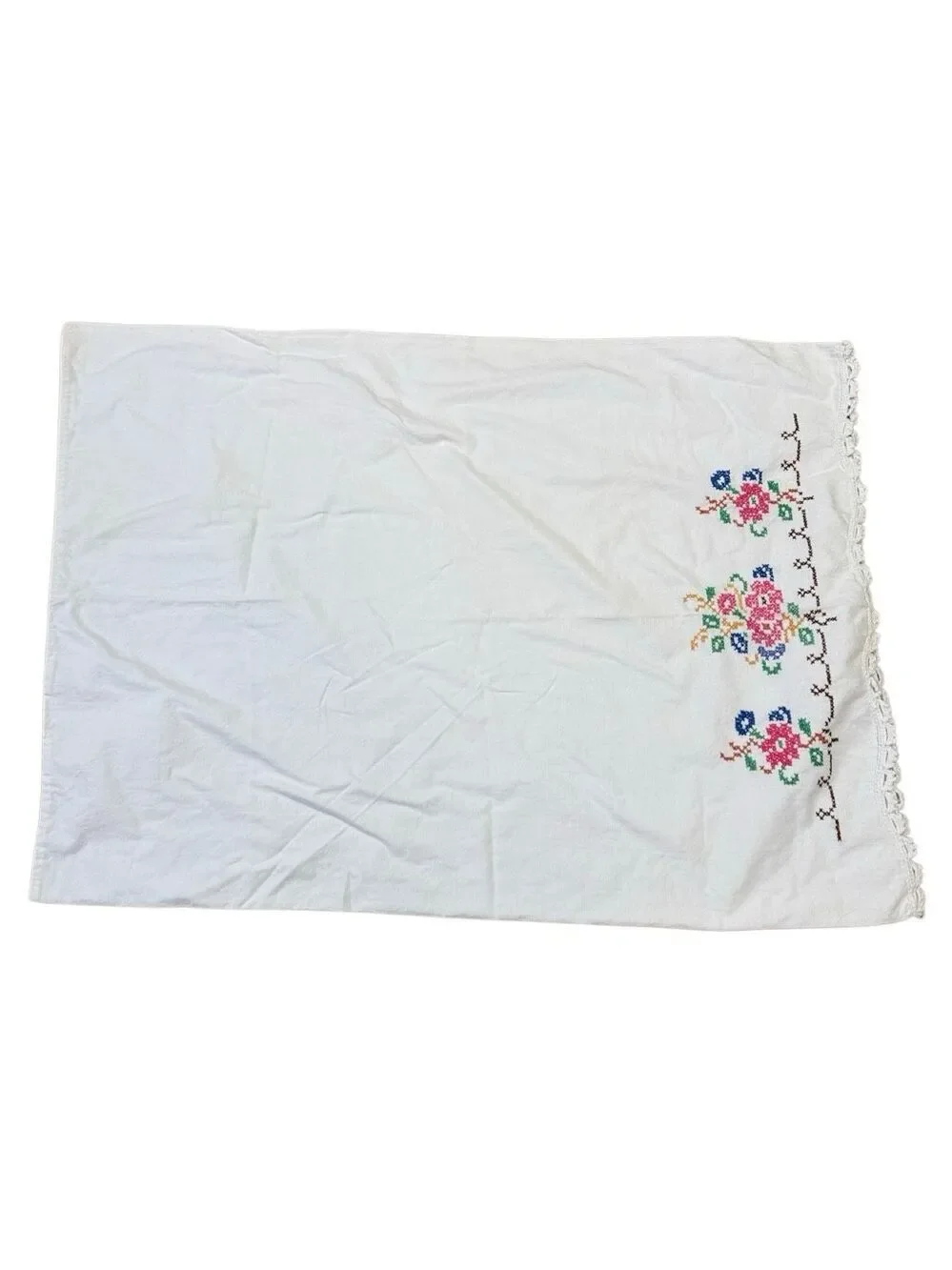 70s Vintage White Floral Embroidered Standard Pillowcase